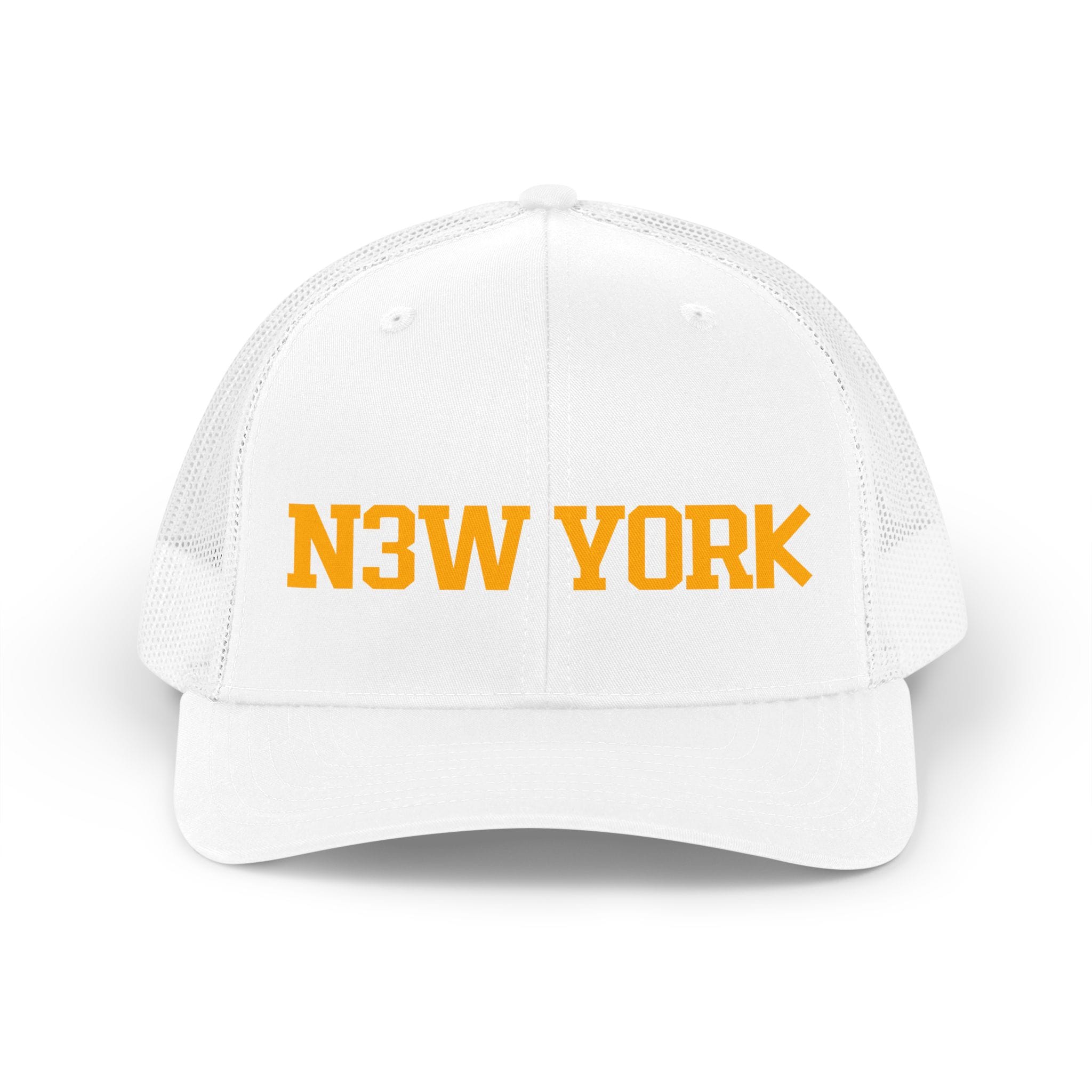 NY Orange Retro 'N3W Y0RK' Trucker Hat — Vintage Athletic Mesh Cap - Image 3