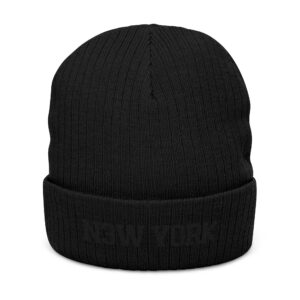 NY Neon Blackout New York Embroidered Ribbed Beanie — Cozy Black Knit Cap for Fans 🩵
