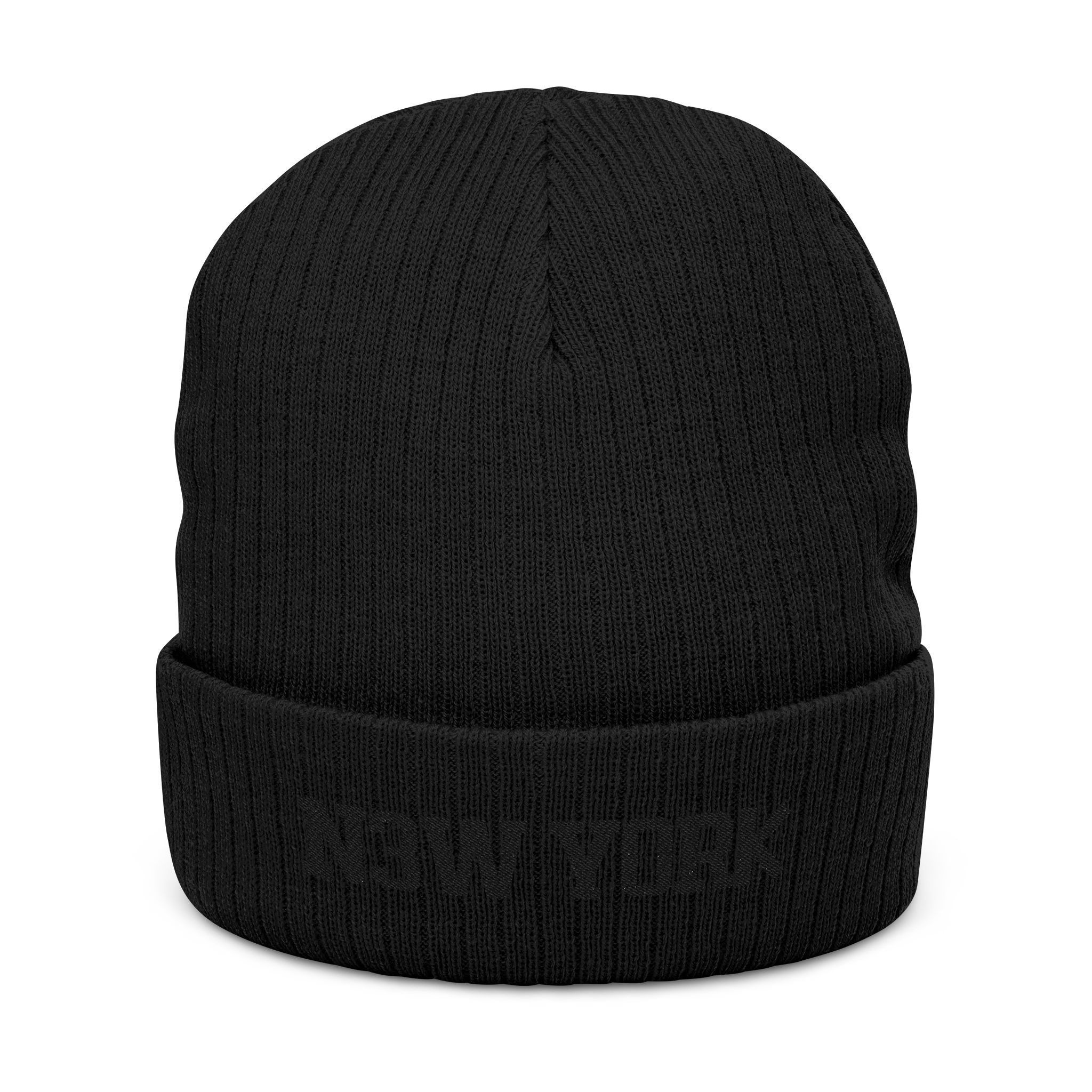 NY Neon Blackout New York Embroidered Ribbed Beanie β Cozy Black Knit Cap for Fans π©΅
