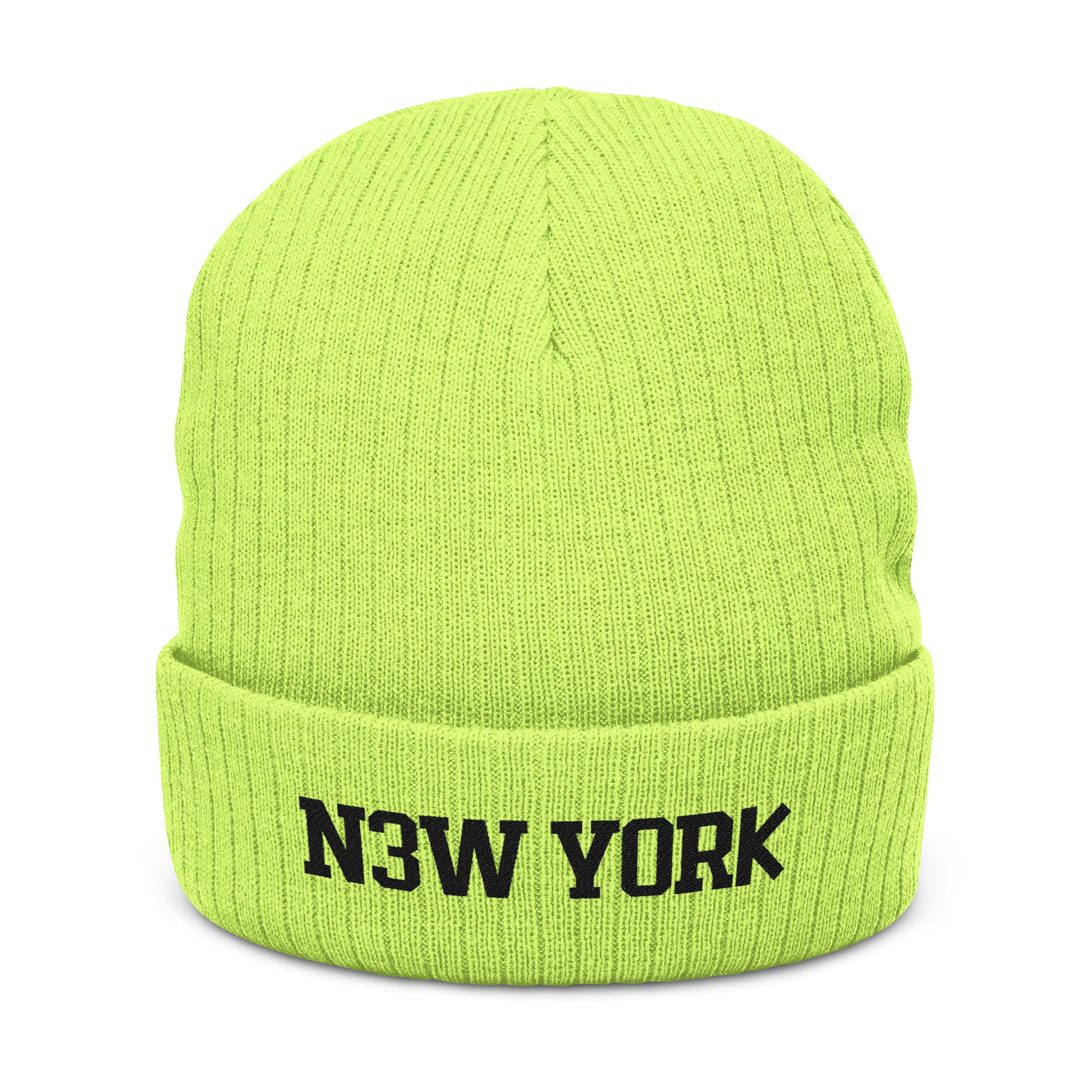 NY Neon Blackout New York Embroidered Ribbed Beanie β Cozy Black Knit Cap for Fans π©΅ - Image 3