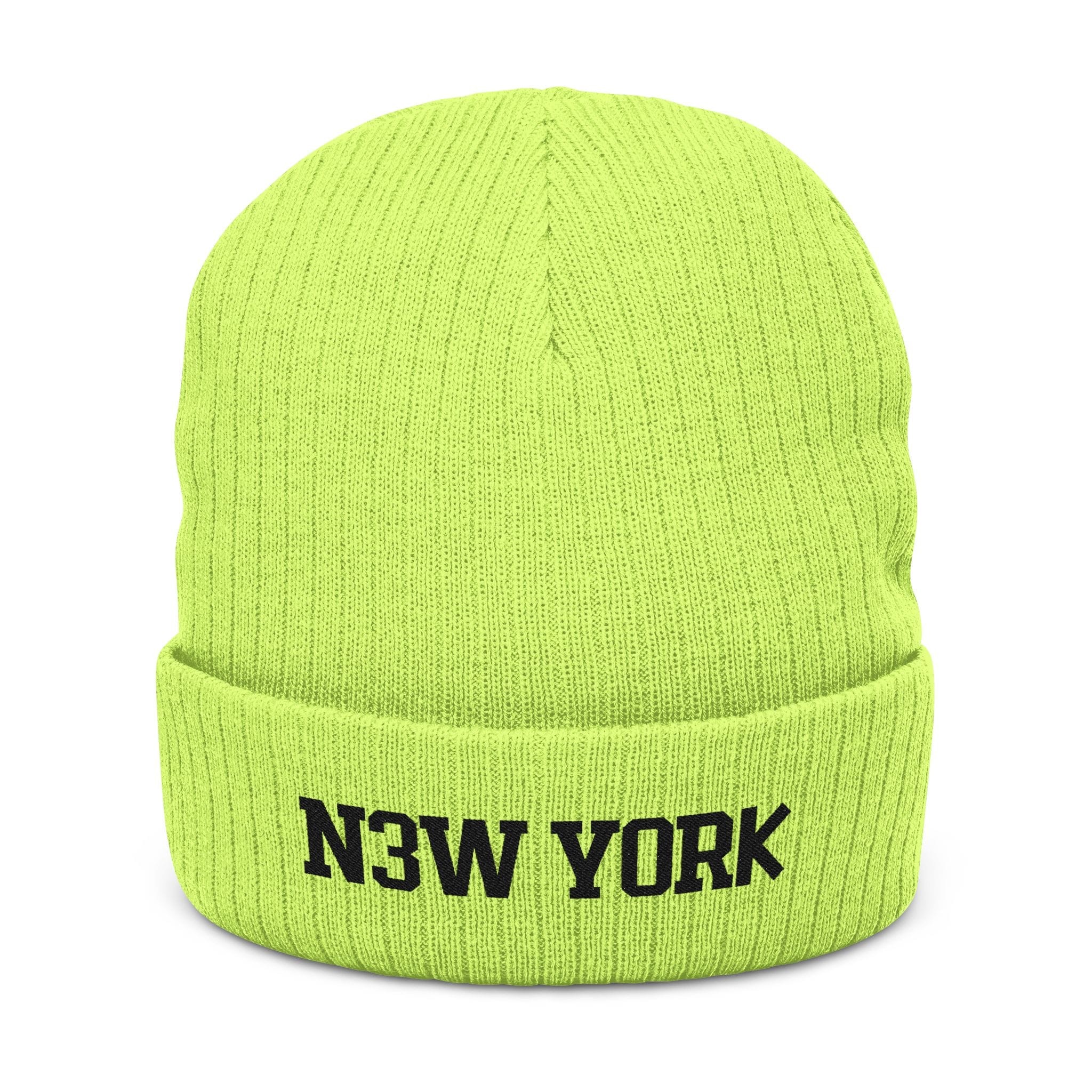 NY Neon Blackout New York Embroidered Ribbed Beanie — Cozy Black Knit Cap for Fans - Image 3